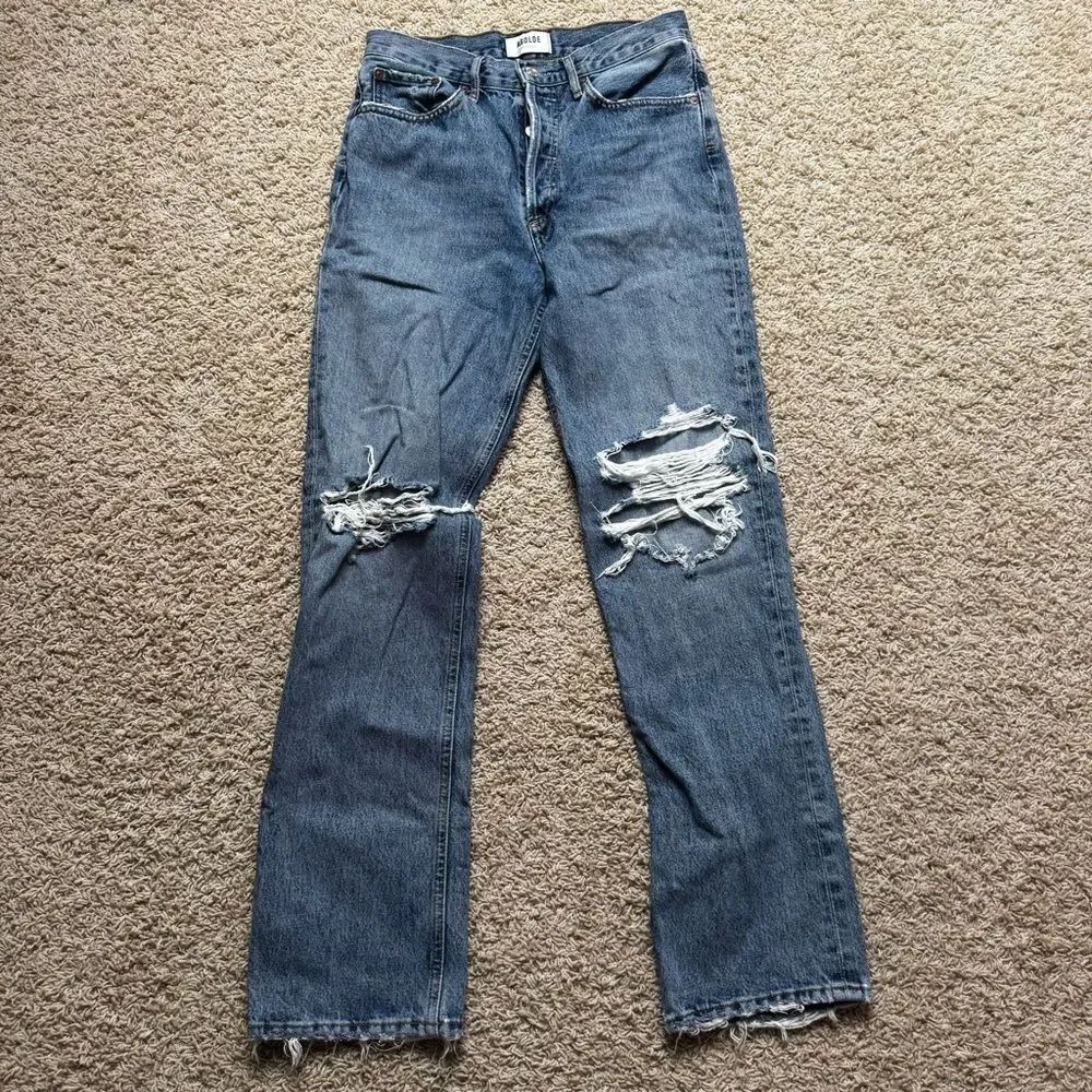 Agolde Distressed Light Denim Jeans Size 26 Straight Leg Pinch Waist